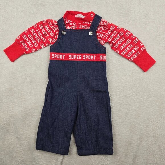 Vintage Baby Overalls Outfit Boys 6 Months Jumper USA 70s Sport Blue Red Retro